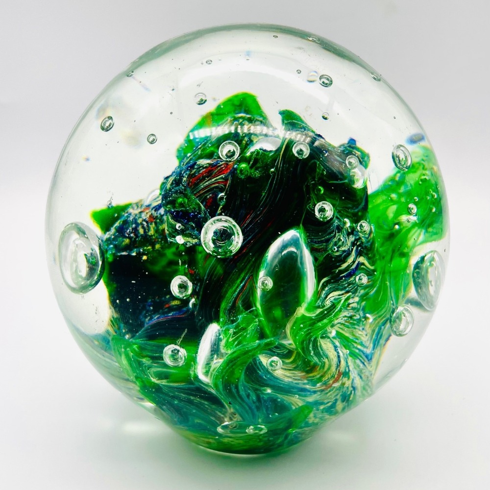 Murano Art Glass Paperweight Controlled Bubble Green Blue Swirl Ocean Sphere‎ 5"